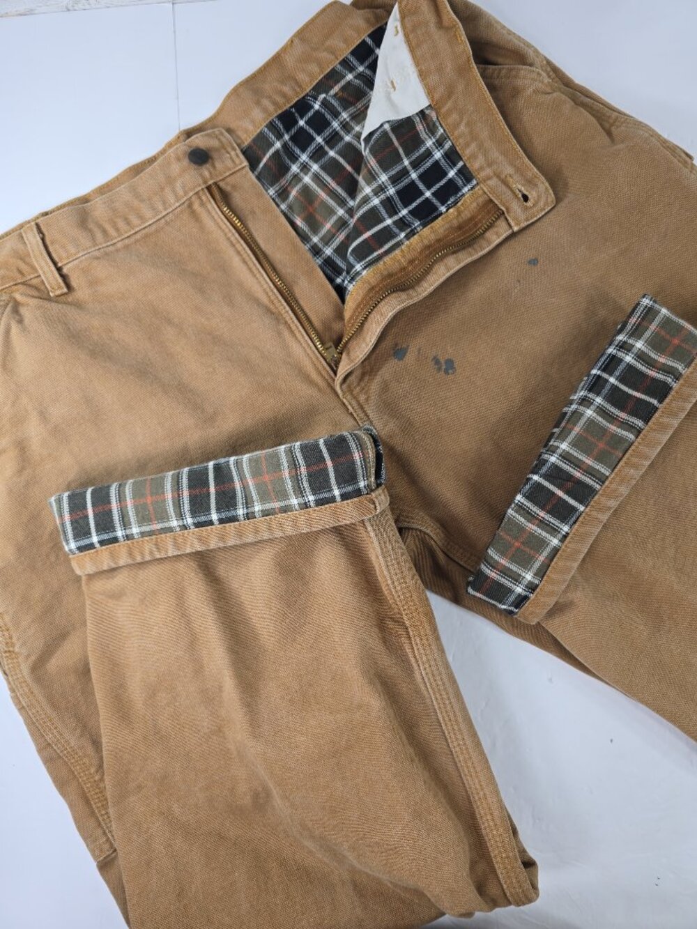 Carhartt Plaid Lined Brown Loose Original Fit Canvas Pants Mens SIZE 40x30 AS-IS